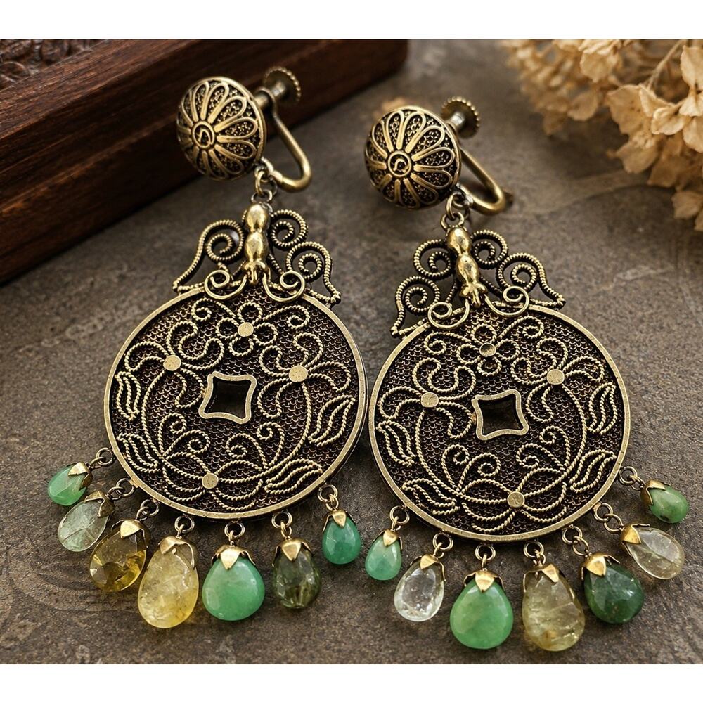 VtG 1930s Chinese Export Coin Filigree Mesh Dangle Green Stone Beads Earrings - Picture 2 of 10